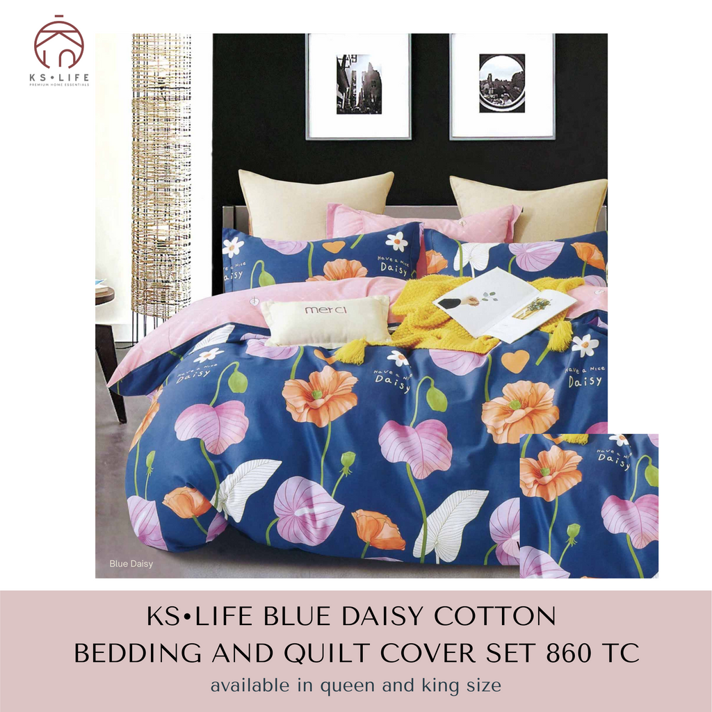 Blue Daisy Cotton Quilt Cover and Bedding Set 860 thread count