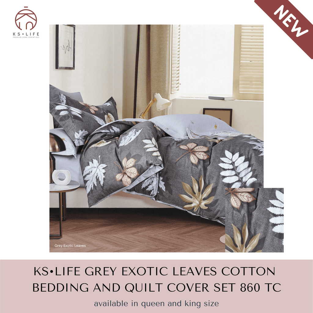 Grey Exotic Leaves Cotton Quilt Cover and Bedding Set 860 TC