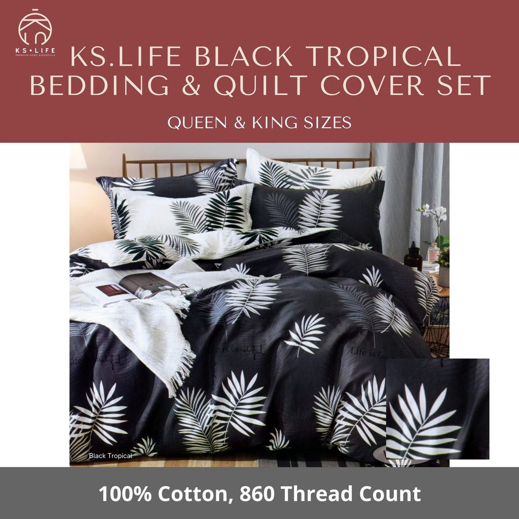 Black Tropical Cotton Quilt Cover and Bedding Set 860 TC