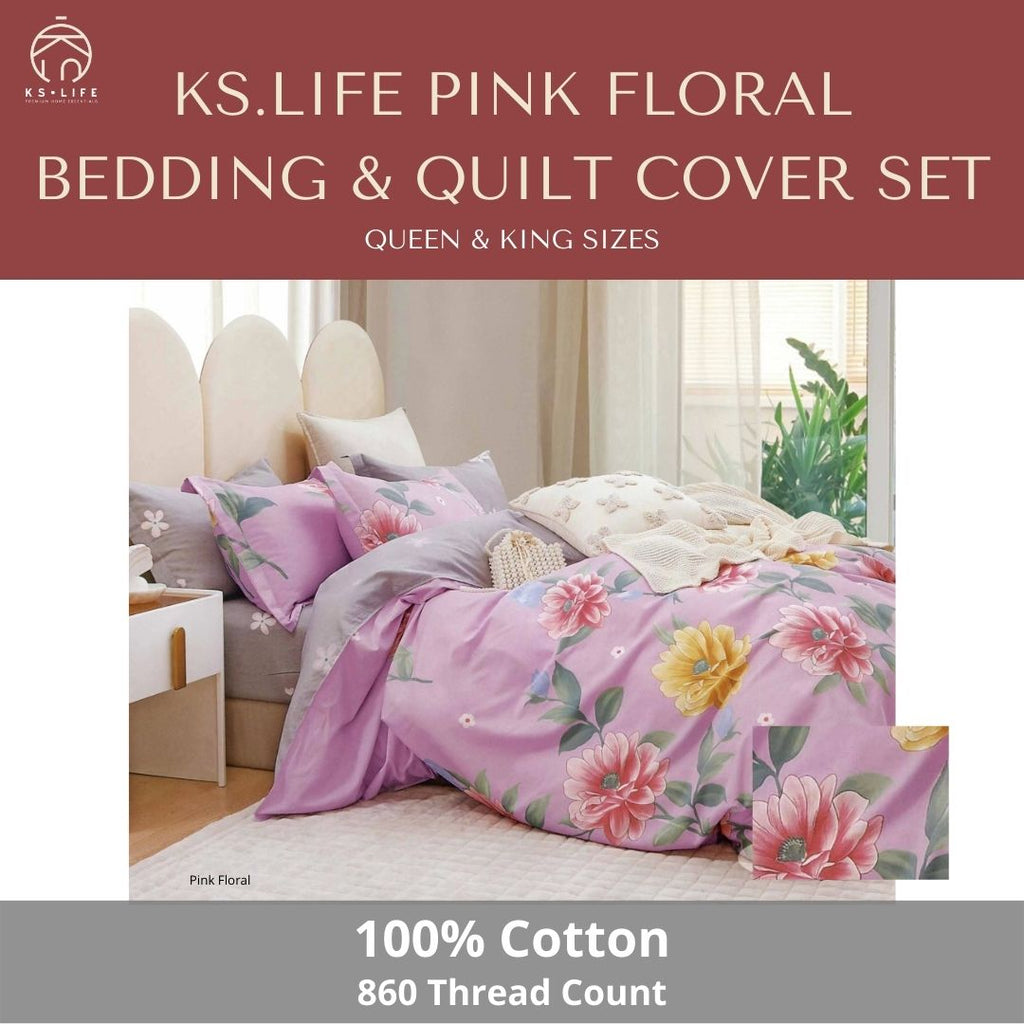Pink Floral Cotton Quilt Cover and Bedding Set 860 TC