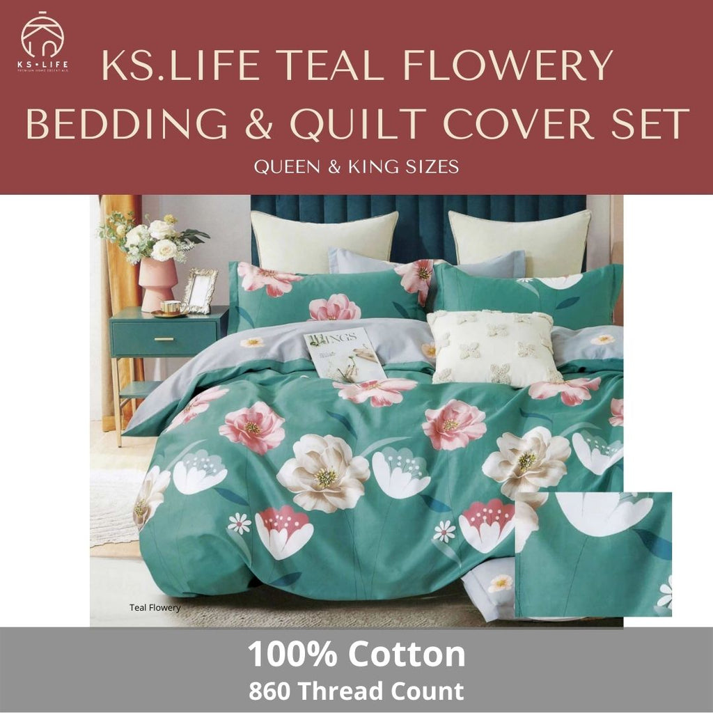 Teal Flowery Cotton Quilt Cover and Bedding Set 860 TC