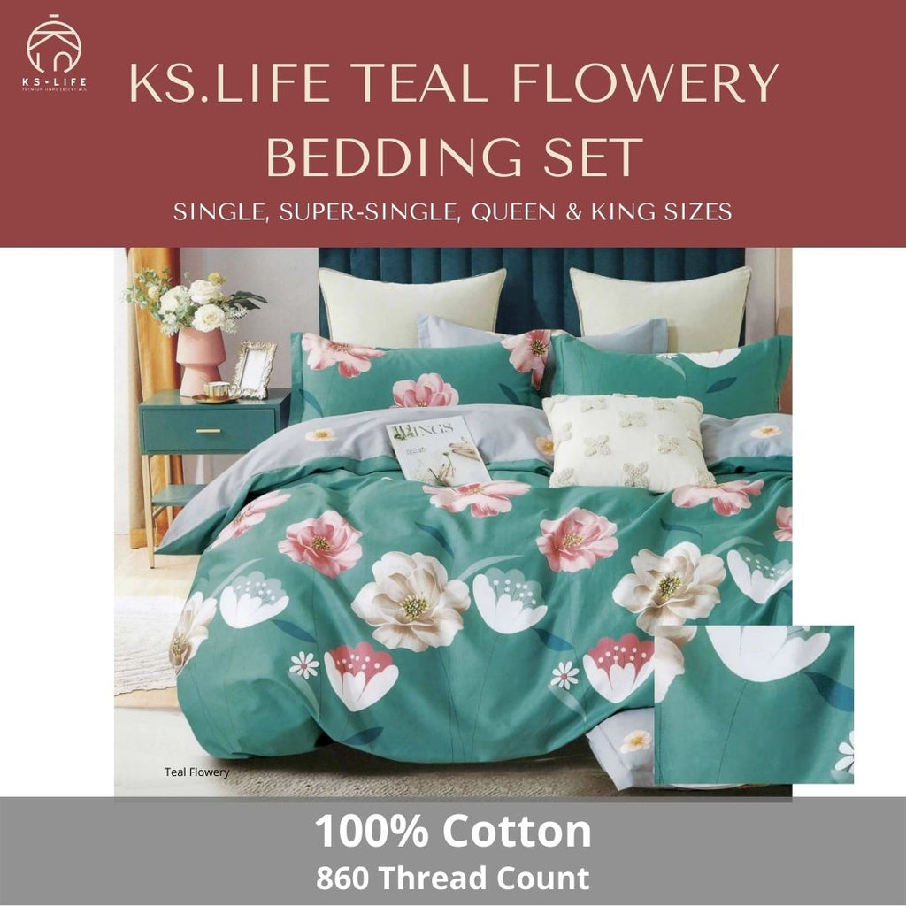 Teal Flowery Cotton Bedding Set 860 TC